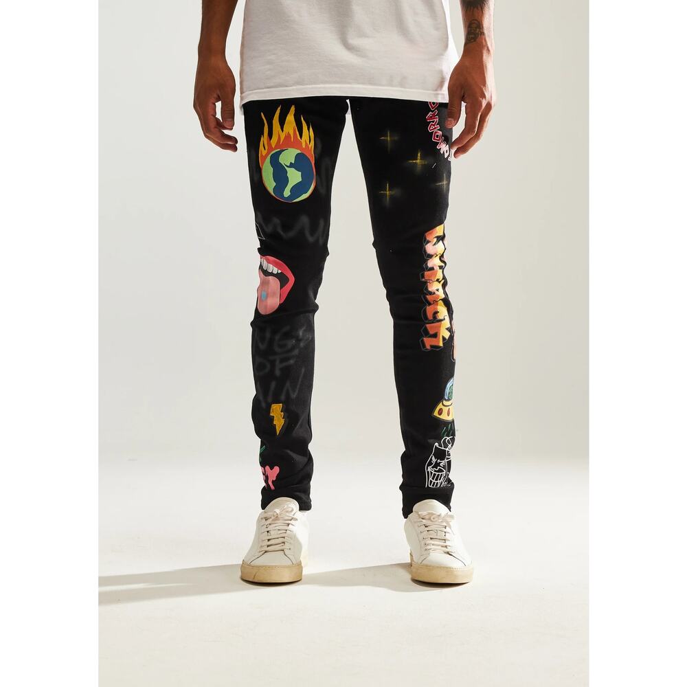 Embellish NYC Men's Urth All Over Paint Graphic Skinny Fit Black Denim Jeans